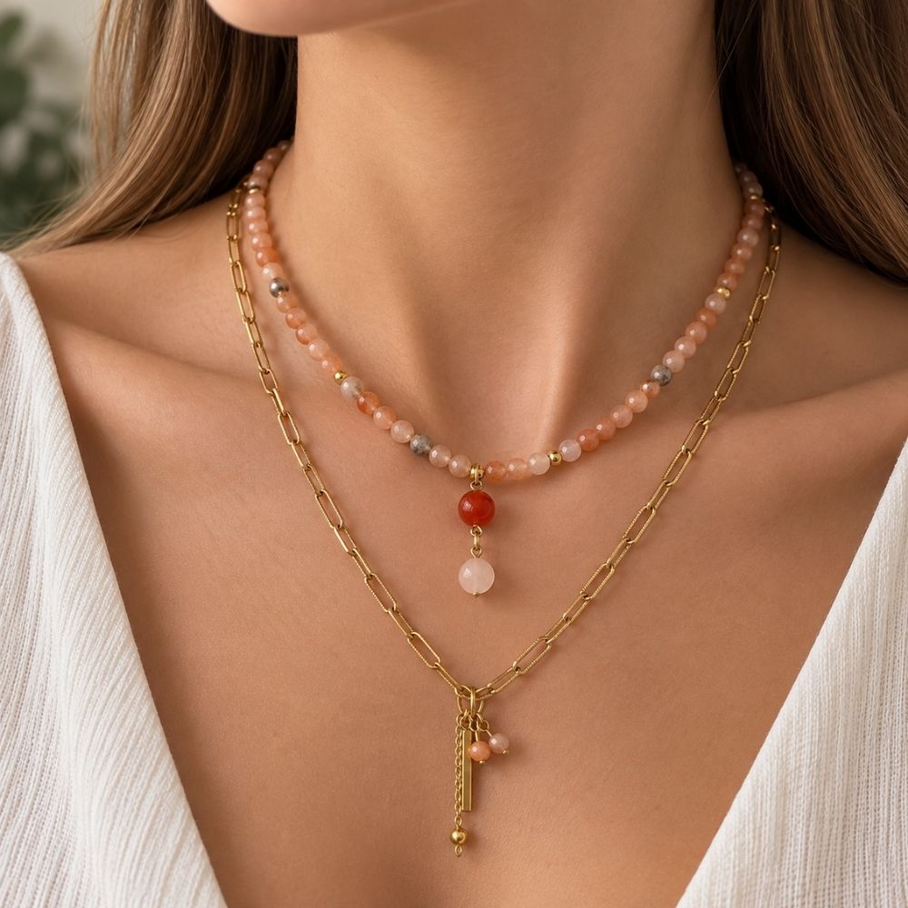 Golden Hour: Güneş Taşı & Çelik Gold Katmanlı (Layering) 2'li Kolye Seti